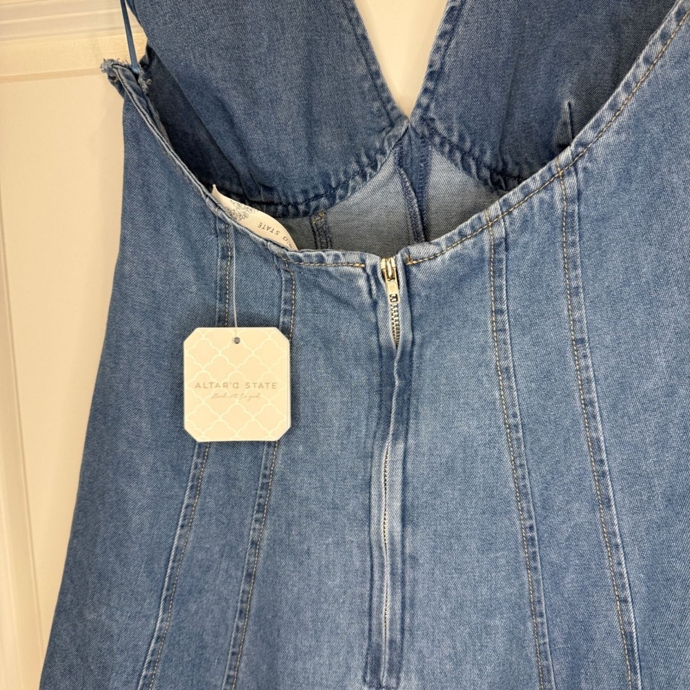 Altar'd State Light Wash Denim Halter Mini Dress Size Small - Picture 6 of 7